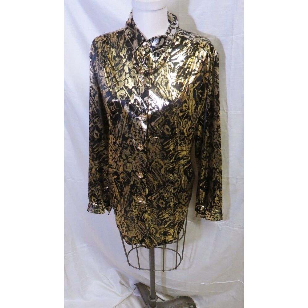Lisa Josephs Gold Print on Black Blouse With Accent Bead Necklace - Size M